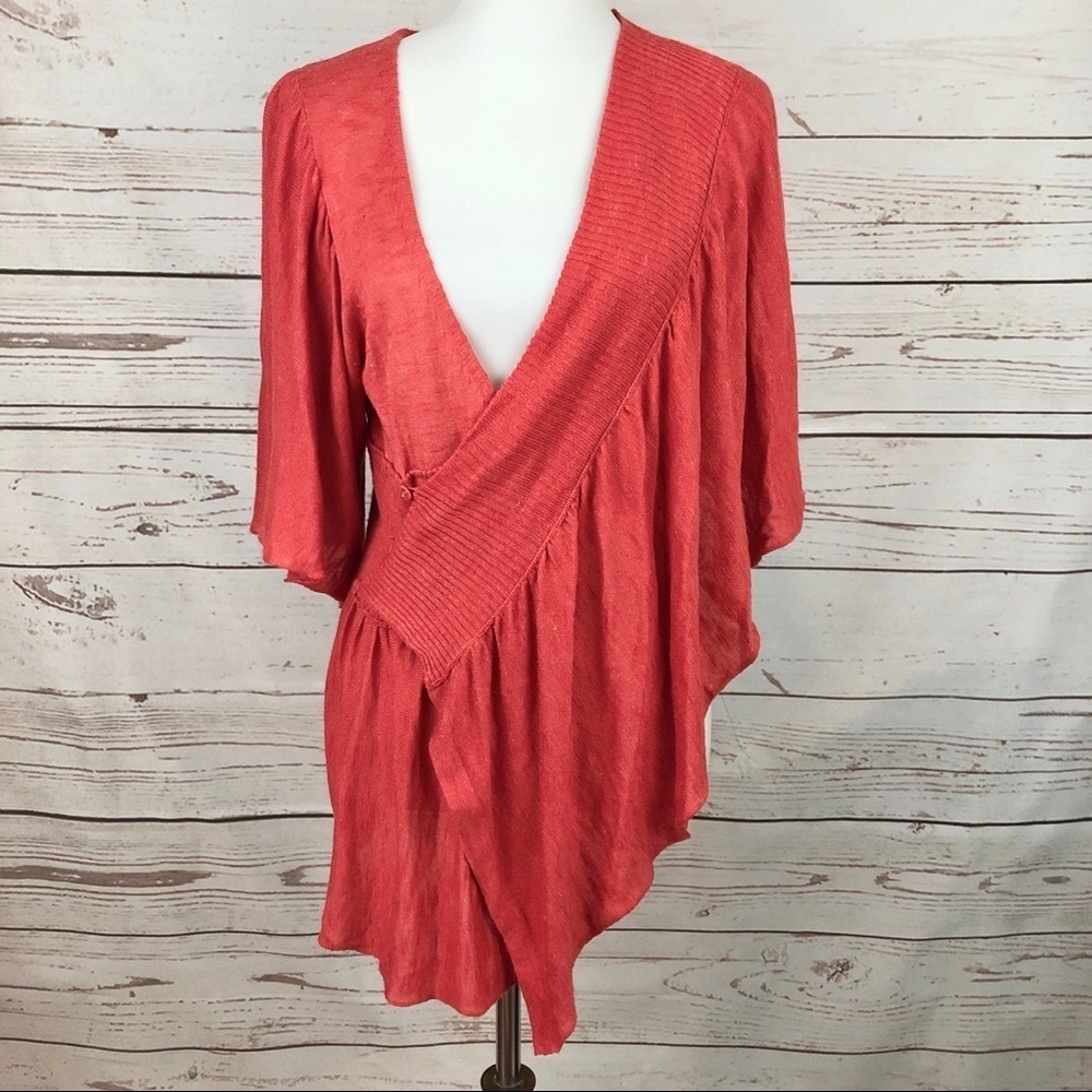 Moth Coral Red Boho Asymmetrical Ruffle Pullover Poncho Cardigan
